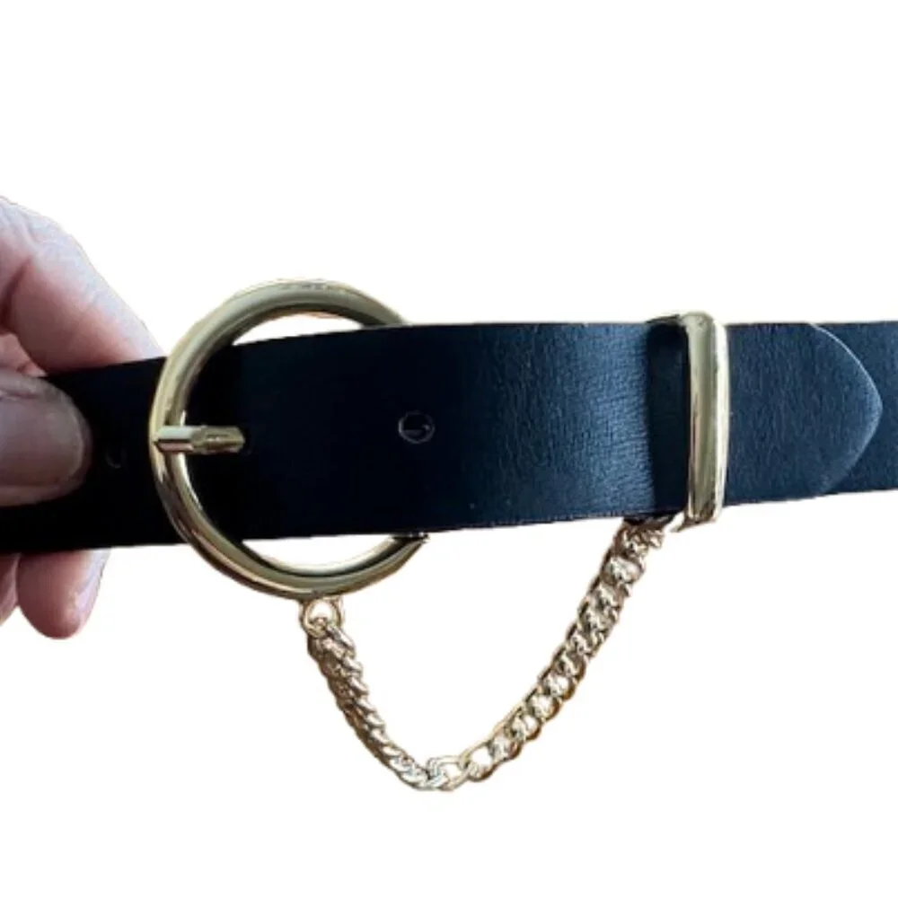 Vegan black leather belt with silver (L-XL)